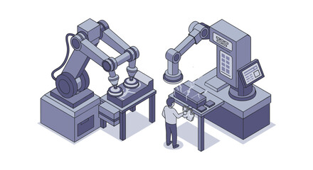 Industrial robot assembly line automation with programmer in futuristic factory setting vector illustration