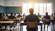 © rifqi - A classroom scene with students seated at desks facing a blackboard, illuminated by sunlight through windows.