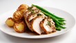 © Freshpixel - A beautifully plated dish featuring tender grilled chicken, crispy roasted potatoes, and fresh green beans garnished with herbs, ideal for a healthy lifestyle.