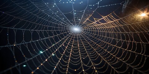 Intricate spider web glistening with dew drops against a dark sky