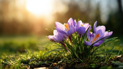 A beautiful cluster of purple crocuses emerges from the earth, illuminated by the soft glow of morning light, symbolizing renewal and the arrival of spring.