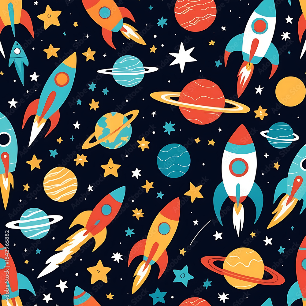 A seamless pattern with colorful rockets planets and stars on a dark ...