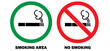 © Dugustock - No smoking area and smoking area sign printable red, green, black colour. No smoking, ban. No smoking symbol. no smoke circle in red and green. Forbidden icon. stop symbol icon set