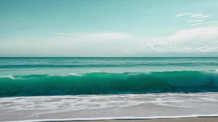 Wall Mural - Turquoise waves crash gently on a serene shoreline under a clear blue sky, Turquoise waves crashing on serene sea under clear sky