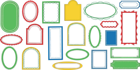 Doodle wave frame set, hand drawn border color collection, cute minimal hand drawn square blank kit. Elegant retro ornament empty banner, rectangle postal stamp oval arch. Celebration doodle frame