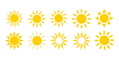 Wall Mural - Sun icon set. Yellow sun star icons collection. Summer, sunlight, nature, sky. Vector illustration isolated on white background.