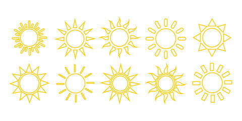 Wall Mural - Sun icon set. Yellow sun star icons collection. Summer, sunlight, nature, sky. Vector illustration isolated on white background.