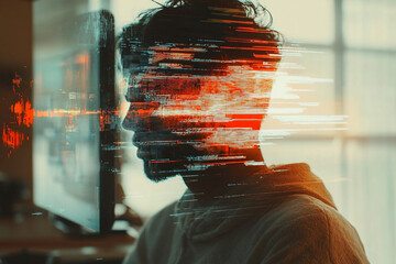 Wall Mural - generative ai glitch art of successful digital freelancer or businessman with distorted face and abs