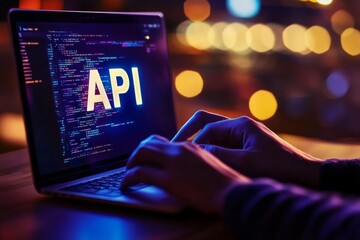 hands coding on laptop for software development and application integration with bokeh lights