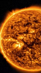 Wall Mural - Vibrant glowing hot orange sphere with surface flares and a dark space background with scattered stars.