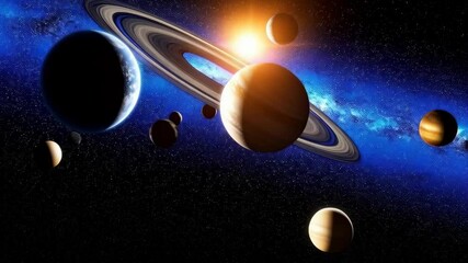 Wall Mural - Scenic planets alignment in deep space with rings, moons, nebula, and distant stars creating a majestic space background.