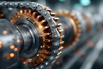 Wall Mural - close-up view capturing rotating gears and chain, revealing the intricate workings of an industrial 