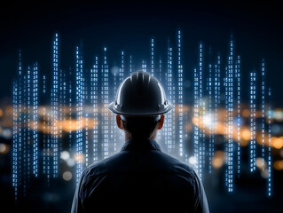 visionary in technology: a silhouette of an engineer in a hard hat stands at the forefront, observin