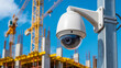 © MD - A close-up photograph of a modern white security camera mounted on a metal pole against a construction site background .