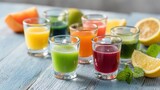 An assortment of colorful and freshly squeezed fruit and vegetable juice shots are artfully arranged on a rustic blue wooden table with sliced citrus fruits.