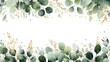 © Newleks - Watercolor eucalyptus branches adorning white background with golden glitter, forming delicate decorative border with minimalist design potential