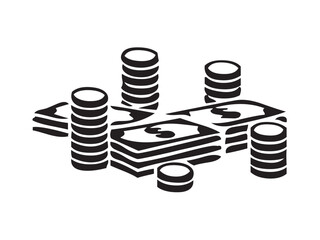 Wall Mural - vector isolated cash money coins and bills stack bundle colorless black and white outline silhouette