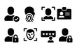 © VideoHub - Identity Security Icons. Solid style icons of identity and security: user verification icon, biometrics profile, fingerprint with