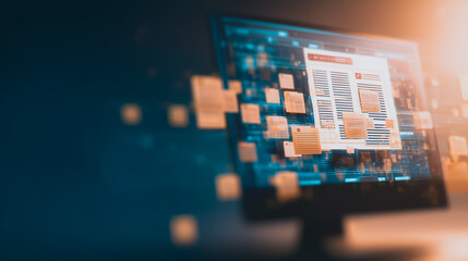 Wall Mural - digital workspace: abstract image of computer monitor with digital cubes emerging, showcasing data f