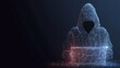 © Anca - Digital Shadow: A hooded figure, rendered in a futuristic digital style, sits before a glowing laptop, conjuring mystery and intrigue in the realm of cyber security and technology.