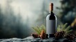 © Larisa AI - A beautifully styled image featuring a bottle of red wine perched among pine cones and greenery, highlighting the elegance and sophistication of wine culture in a natural setting.