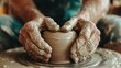 © Larisa AI - An artisan's skilled hands work delicately with wet clay on a pottery wheel, showcasing the beauty of craftsmanship and creativity in the art of pottery-making.