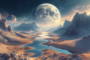 Wall Mural - Dreamy Celestial Valley on a Distant Moon Enchanting Landscapes in the Universe