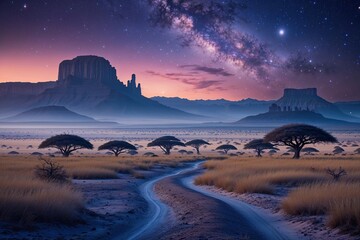 Wall Mural - Mystical Twilight Savanna on an Alien Planet Exploring Enchanting Extraterrestrial Landscapes