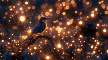 Wall Mural - A crested bird perched on a branch, amidst a magical, glowing bokeh