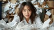 © Larisa AI - A woman looks overwhelmed amidst a chaotic scene of scattered papers and boxes, encapsulating the stress of modern life and the need for organization and clarity.