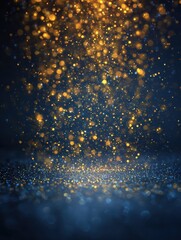 Wall Mural - abstract dark blue and gold particle background with christmas golden light bokeh, shining particles