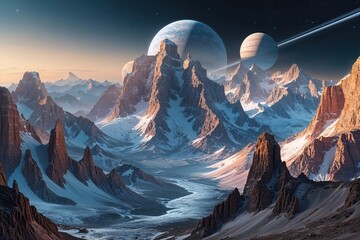 Wall Mural - Otherworldly Mountain Range: Futuristic Landscape of a Rogue Planet in the Universe