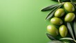 © Larisa AI - An artistic arrangement of green olives lying on leaves against a vibrant backdrop, highlighting the freshness and natural allure of the Mediterranean.