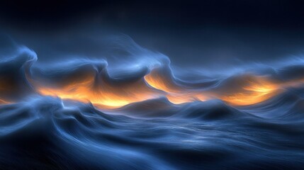 Wall Mural - Ethereal waves of blue and orange glow in a dark, fantastical landscape