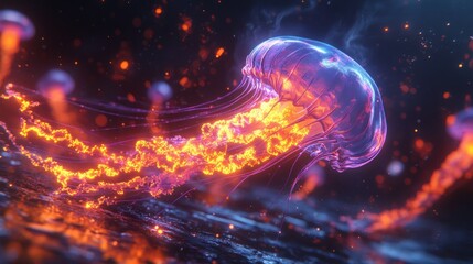Wall Mural - Fiery jellyfish drifts in dark, glowing waters