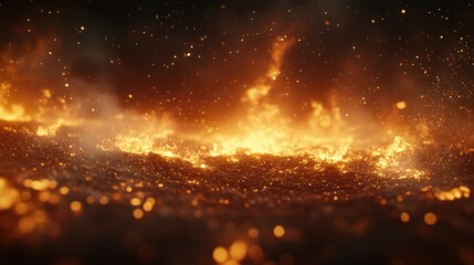 Wall Mural - Fiery landscape with embers glowing, smoke and sparks rising