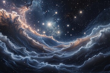 Wall Mural - Coral Waves in a Dark Nebula Surrounded by Twinkling Stars in the Cosmic Universe