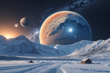 Wall Mural - Mysterious Icy Exoplanet Featuring Extraordinary Tundra Landscapes in the Universe