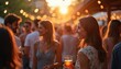 © Maryna - People socialize at outdoor evening party with drinks. Friends, adults gather, enjoy drinks, conversation. Nightlife, leisure, fun, cheerful atmosphere, bokeh lights. Community meeting, social