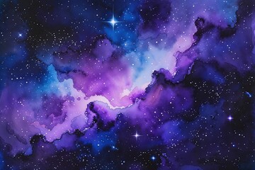 Wall Mural - vibrant purple and blue galactic watercolor nebula with starry accents