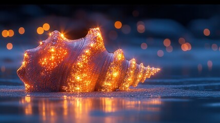 Wall Mural - Glowing seashell on dark beach, reflecting light
