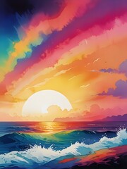 Wall Mural - A vibrant sunset casts a colorful glow across the sky, blending hues of pink, orange, and blue. Waves gently crash against the shore, reflecting the warm colors of the setting sun.