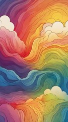 Wall Mural - Abstract patterns of vibrant colors swirl together, resembling a dreamy sky with softly formed clouds. Waves of reds, oranges, blues, greens, and yellows create a harmonious and energetic composition.