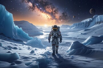 Wall Mural - Space Explorer Journeying Through Uncharted Icy Landscape with Stunning Cosmic Vistas