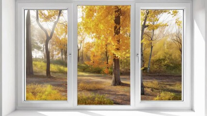 Wall Mural - beautiful autumn scenery visible through a large window, featuring golden leaves on trees and a peac