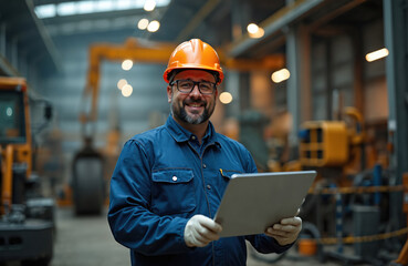 Smiling engineer in work uniform holds tablet computer in factory. Happy worker in helmet at industrial facility with manufacturing equipment. Construction site or production area.
