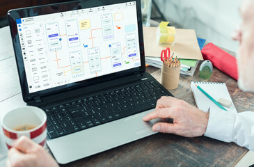 person analyzes workflow diagrams on laptop while holding a cup of coffee in a bright workspace