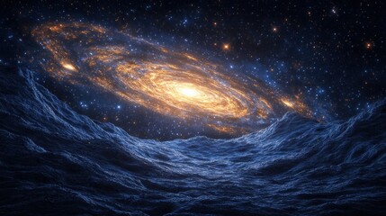 Wall Mural - Spiral galaxy amidst star-studded cosmos,  icy terrain