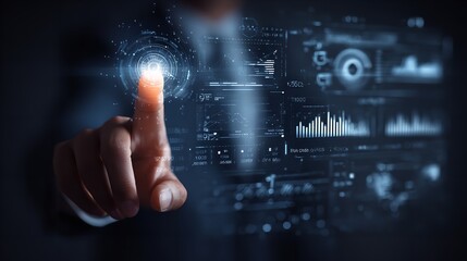 Futuristic technology user interface concept with finger touching screen and data visualization