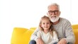 © Larisa AI - A heartwarming image of a smiling grandfather and his granddaughter sitting together on a bright couch, representing the themes of love, family bonds, and precious memories.